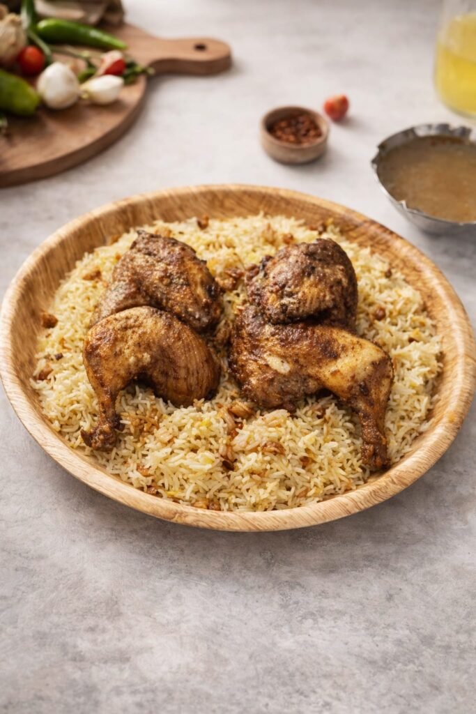 Biryani and grilled chicken served on export-grade areca leaf plate for UAE catering use