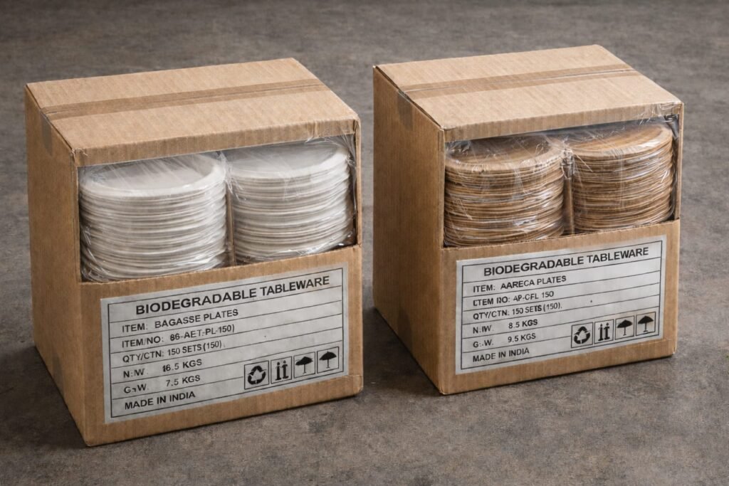 Stacked bagasse plates and areca palm leaf plates showing nesting structure for efficient carton packing and freight optimization