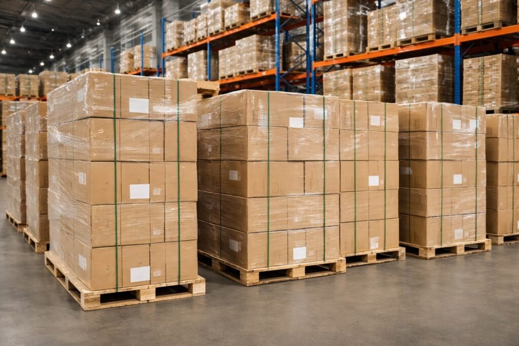 Export-ready cartons of biodegradable tableware stacked on pallets inside industrial warehouse for bulk shipment