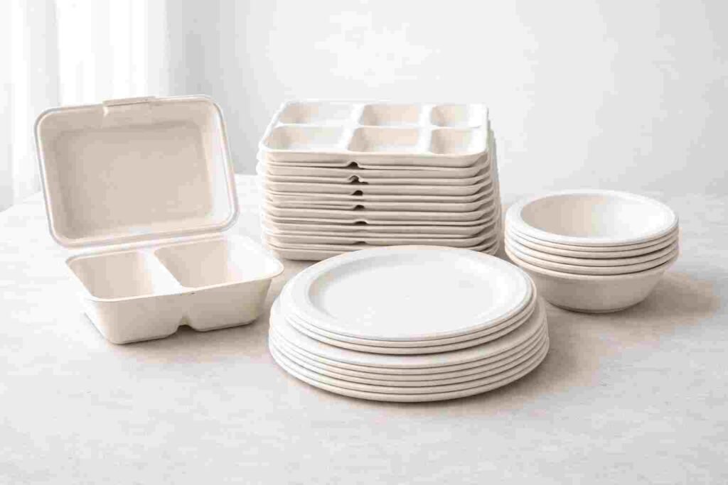 Bagasse clamshell containers and compartment trays for export