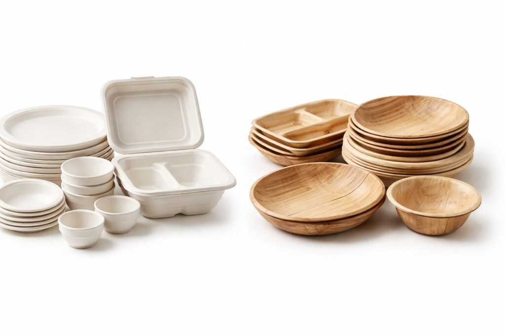 Bagasse and areca palm leaf tableware comparison showing smooth white molded bagasse plates and natural textured areca plates side by side