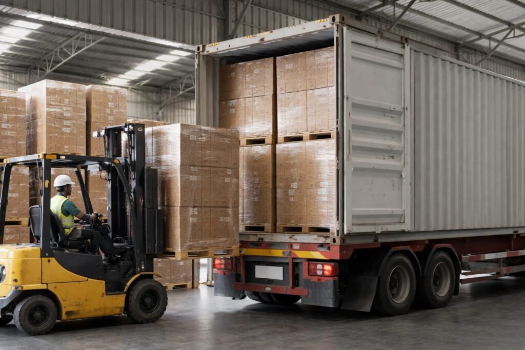 40ft container being loaded with palletized cartons of biodegradable bagasse and areca tableware for export shipment