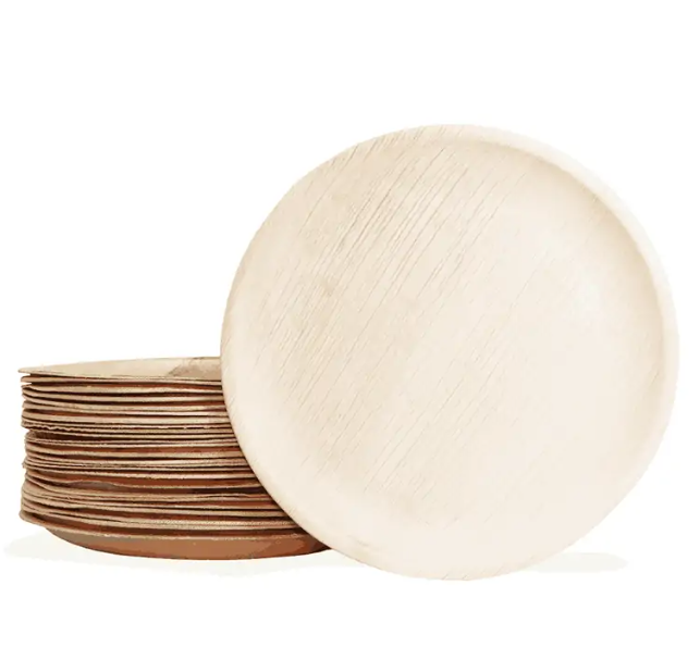 Areca palm leaf round plates export bulk India — biodegradable dinner plates for HoReCa