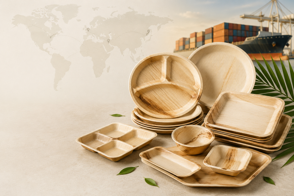 Areca palm leaf plates exporter in India supplying natural food-contact tableware for hospitality, catering and foodservice buyers.